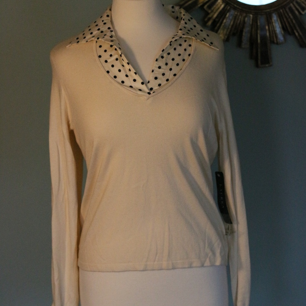 Ralph Lauren cream silk sweater with navy dots